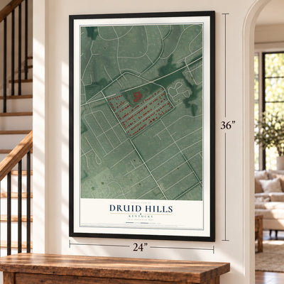 Druid Hills, Kentucky map, 24 x 36 inch print in a black frame by a staircase