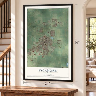 Sycamore, Illinois map, 24 x 36 inch print in a black frame by a staircase