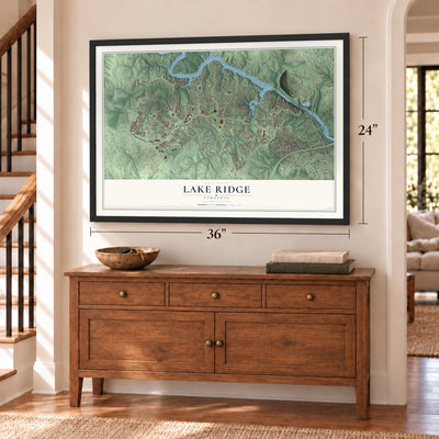 Lake Ridge, Virginia map, 24 x 36 inch print in a black frame above a dresser by a staircase
