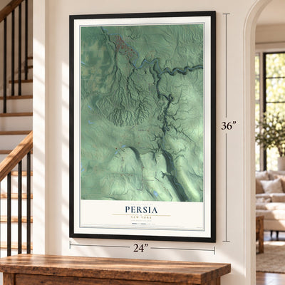 Persia, New York map, 24 x 36 inch print in a black frame by a staircase