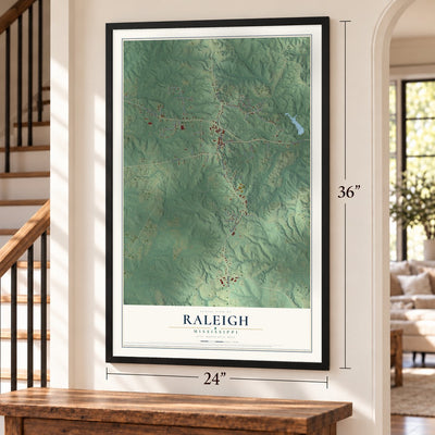 Raleigh, Mississippi map, 24 x 36 inch print in a black frame by a staircase