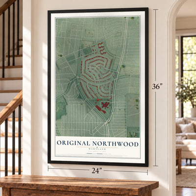 Original Northwood, Maryland map, 24 x 36 inch print in a black frame by a staircase
