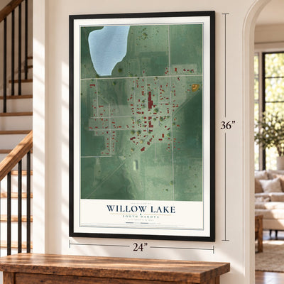 Willow Lake, South Dakota map, 24 x 36 inch print in a black frame by a staircase
