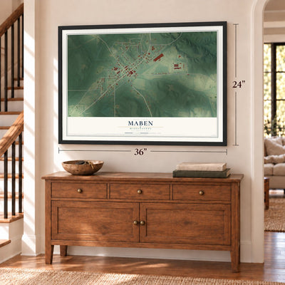 Maben, Mississippi map, 24 x 36 inch print in a black frame above a dresser by a staircase