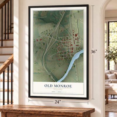 Old Monroe, Missouri map, 24 x 36 inch print in a black frame by a staircase