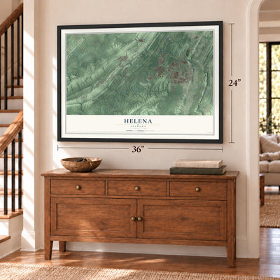 Helena, Alabama map, 24 x 36 inch print in a black frame above a dresser by a staircase