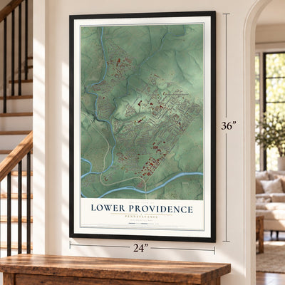 Lower Providence, Pennsylvania map, 24 x 36 inch print in a black frame by a staircase