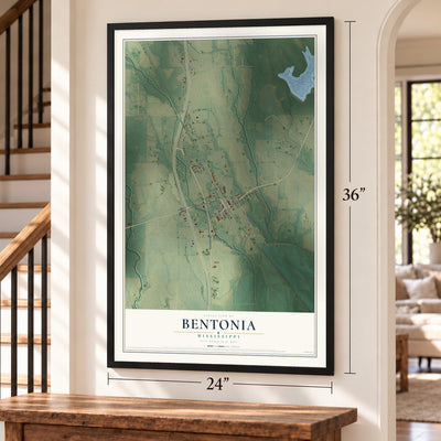 Bentonia, Mississippi map, 24 x 36 inch print in a black frame by a staircase