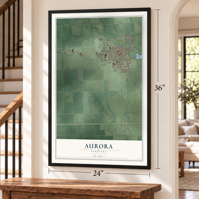 Aurora, Nebraska map, 24 x 36 inch print in a black frame by a staircase