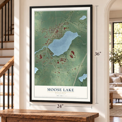Moose Lake, Minnesota map, 24 x 36 inch print in a black frame by a staircase