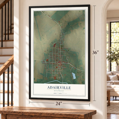 Adairville, Kentucky map, 24 x 36 inch print in a black frame by a staircase