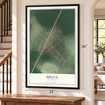 Melfa, Virginia map, 24 x 36 inch print in a black frame by a staircase