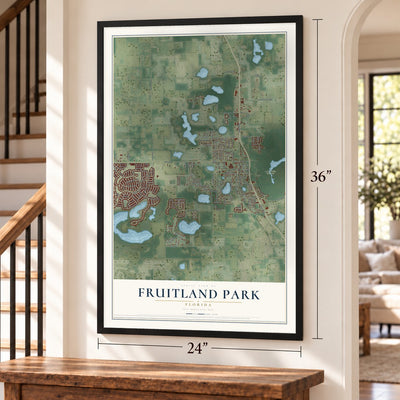 Fruitland Park, Florida map, 24 x 36 inch print in a black frame by a staircase