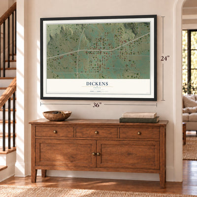 Dickens, Texas map, 24 x 36 inch print in a black frame above a dresser by a staircase