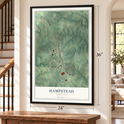 Hampstead, Maryland map, 24 x 36 inch print in a black frame by a staircase