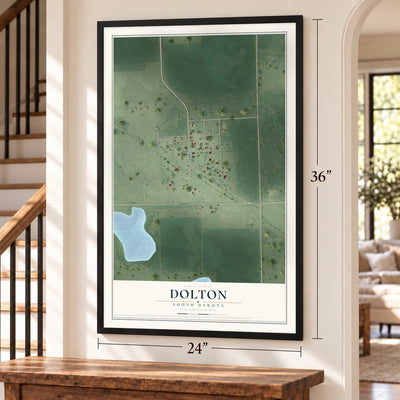 Dolton, South Dakota map, 24 x 36 inch print in a black frame by a staircase