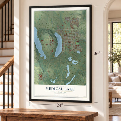 Medical Lake, Washington map, 24 x 36 inch print in a black frame by a staircase