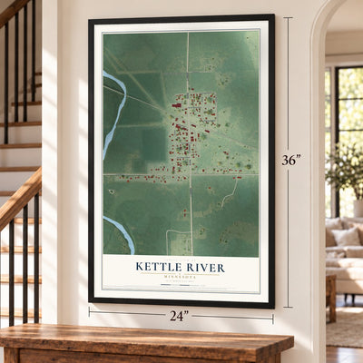 Kettle River, Minnesota map, 24 x 36 inch print in a black frame by a staircase