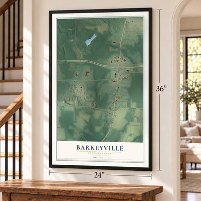 Barkeyville, Pennsylvania map, 24 x 36 inch print in a black frame by a staircase