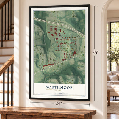 Northmoor, Missouri map, 24 x 36 inch print in a black frame by a staircase