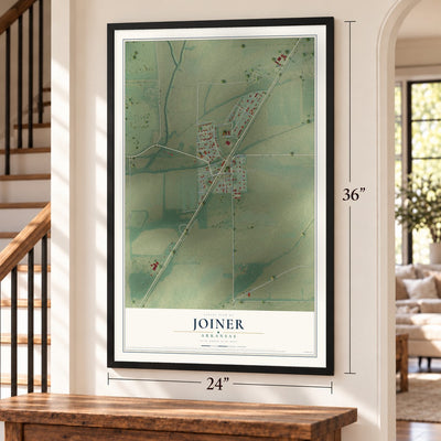 Joiner, Arkansas map, 24 x 36 inch print in a black frame by a staircase