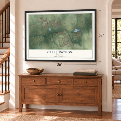 Carl Junction, Missouri map, 24 x 36 inch print in a black frame above a dresser by a staircase