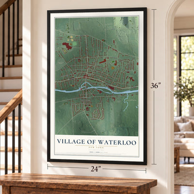 Village of Waterloo, New York map, 24 x 36 inch print in a black frame by a staircase