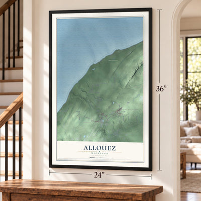 Allouez, Michigan map, 24 x 36 inch print in a black frame by a staircase
