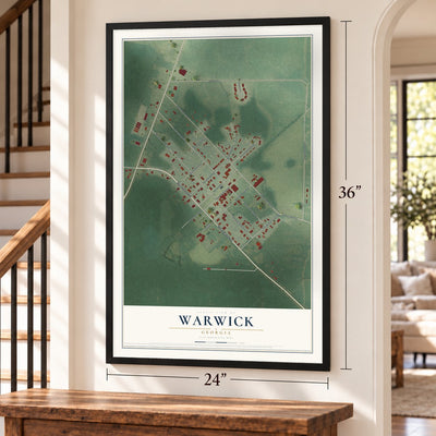 Warwick, Georgia map, 24 x 36 inch print in a black frame by a staircase