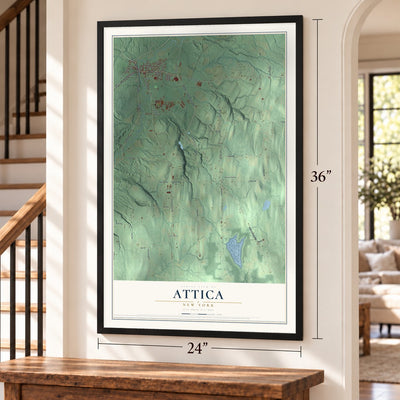 Attica, New York map, 24 x 36 inch print in a black frame by a staircase