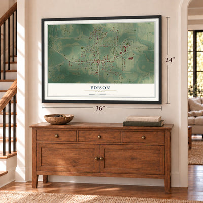 Edison, Georgia map, 24 x 36 inch print in a black frame above a dresser by a staircase