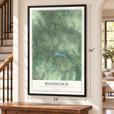 Woodcock, Crawford County, Pennsylvania map, 24 x 36 inch print in a black frame by a staircase