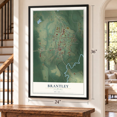 Brantley, Alabama map, 24 x 36 inch print in a black frame by a staircase
