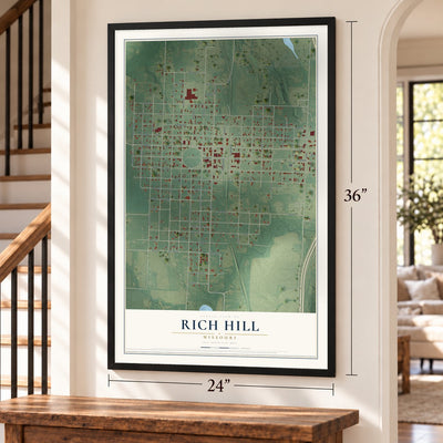 Rich Hill, Missouri map, 24 x 36 inch print in a black frame by a staircase