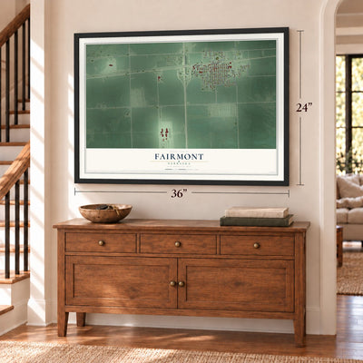 Fairmont, Nebraska map, 24 x 36 inch print in a black frame above a dresser by a staircase