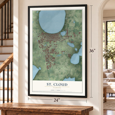 St. Cloud, Florida map, 24 x 36 inch print in a black frame by a staircase