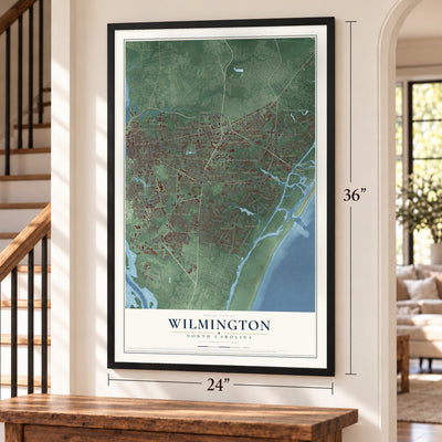 Wilmington, North Carolina map, 24 x 36 inch print in a black frame by a staircase