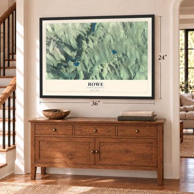 Rowe, Massachusetts map, 24 x 36 inch print in a black frame above a dresser by a staircase