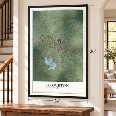 Groveton, Texas map, 24 x 36 inch print in a black frame by a staircase