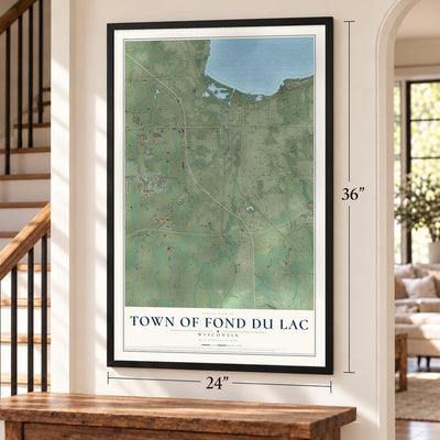 Town of Fond du Lac, Wisconsin map, 24 x 36 inch print in a black frame by a staircase