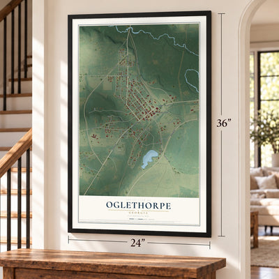 Oglethorpe, Georgia map, 24 x 36 inch print in a black frame by a staircase