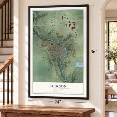 Jackson, Minnesota map, 24 x 36 inch print in a black frame by a staircase