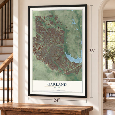 Garland, Texas map, 24 x 36 inch print in a black frame by a staircase