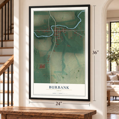 Burbank, Ohio map, 24 x 36 inch print in a black frame by a staircase