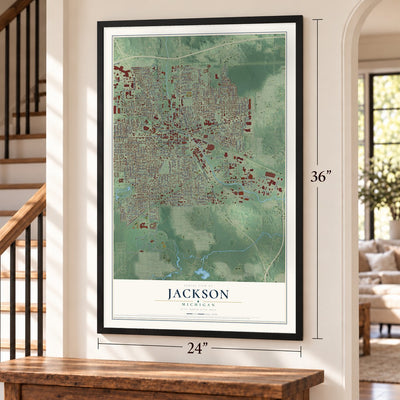 Jackson, Michigan map, 24 x 36 inch print in a black frame by a staircase