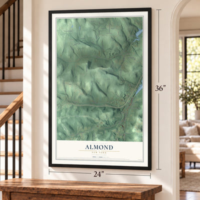 Almond, New York map, 24 x 36 inch print in a black frame by a staircase