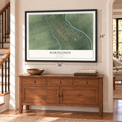 Maringouin, Louisiana map, 24 x 36 inch print in a black frame above a dresser by a staircase