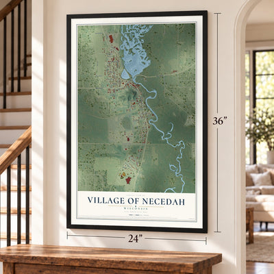 Necedah, Wisconsin map, 24 x 36 inch print in a black frame by a staircase