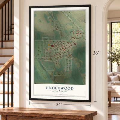 Underwood, North Dakota map, 24 x 36 inch print in a black frame by a staircase
