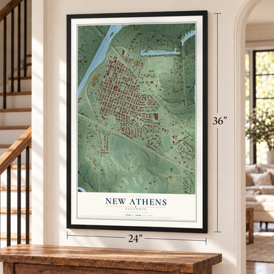 New Athens, Illinois map, 24 x 36 inch print in a black frame by a staircase